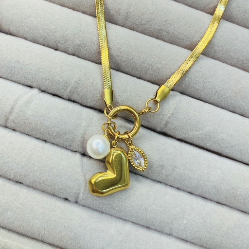 Dangling Pendant with Heart & Pearl  Snake chain