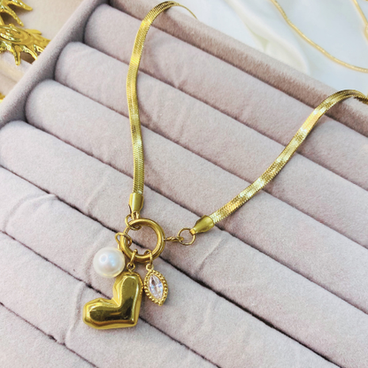 Dangling Pendant with Heart & Pearl  Snake chain