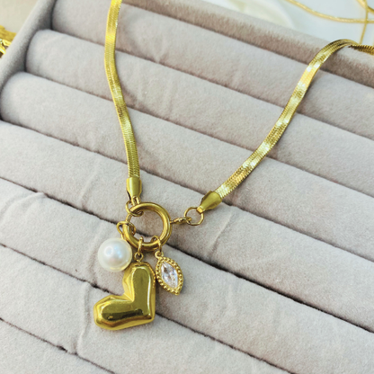 Dangling Pendant with Heart & Pearl  Snake chain