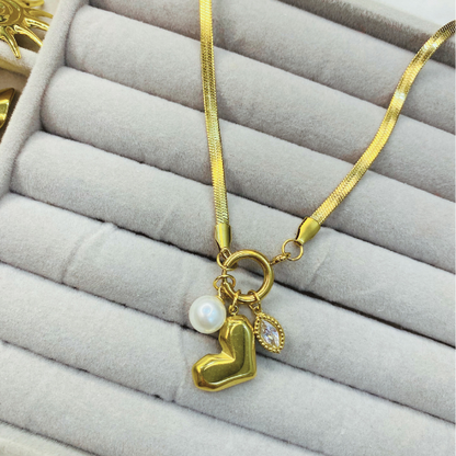 Dangling Pendant with Heart & Pearl  Snake chain