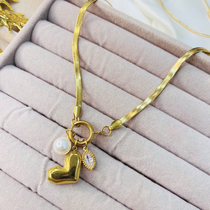 Dangling Pendant with Heart & Pearl  Snake chain