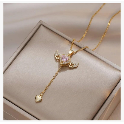 Pink Heart Stone Pendant with Wings