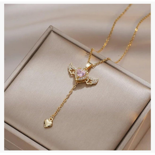 Pink Heart Stone Pendant with Wings