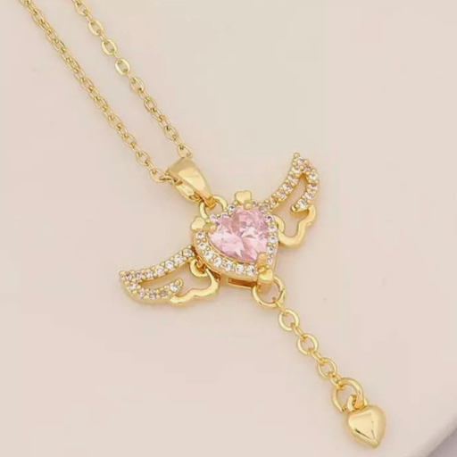 Pink Heart Stone Pendant with Wings
