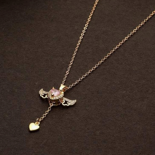 Pink Heart Stone Pendant with Wings