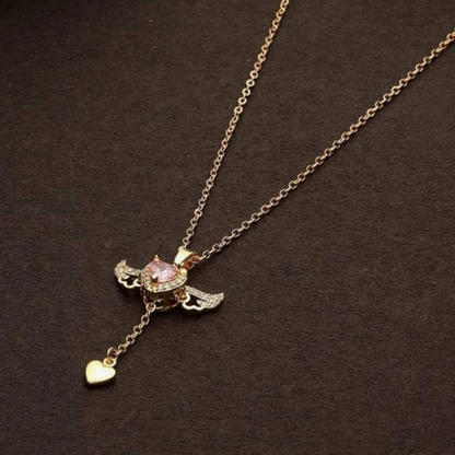 Pink Heart Stone Pendant with Wings